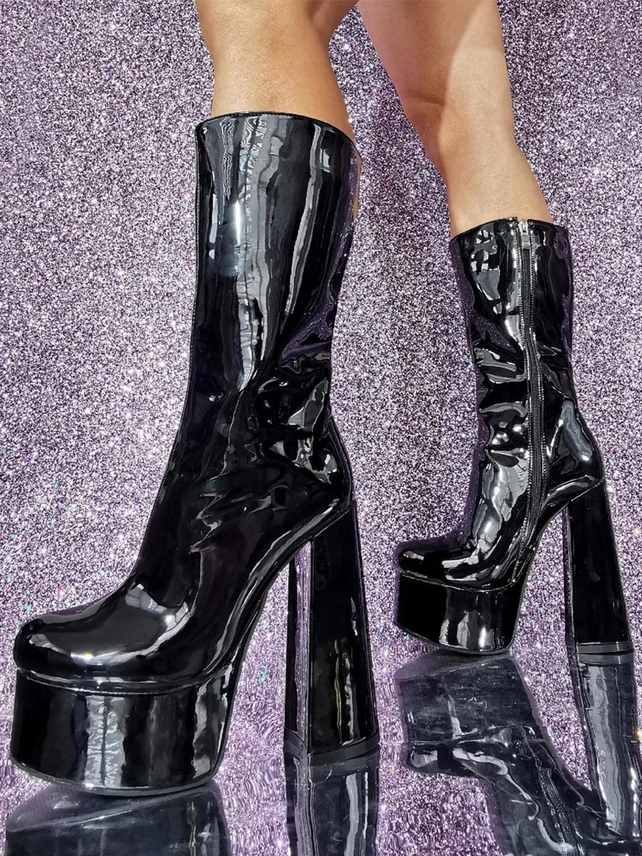 Black Mid Calf Boots Sexy Round Toe Platform Chunky Heeled Boots